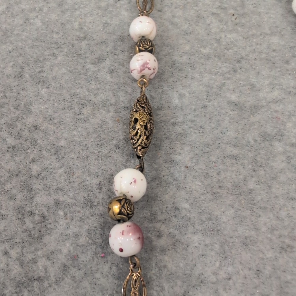 Vintage Gold Tone Filigree Chain Necklace with White Pink Beads Accents - Picture 2 of 4